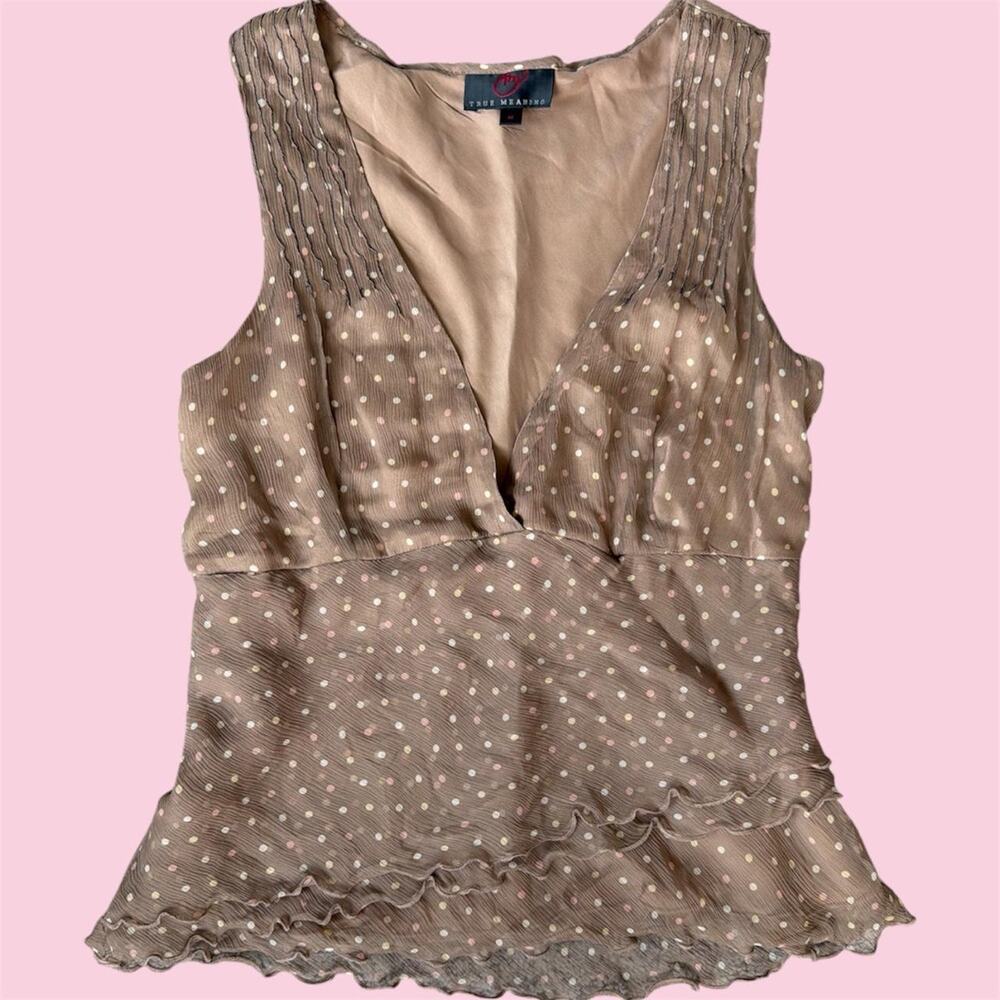 Vintage 100% silk brown and pink polka dot babydoll blouse with ruffles